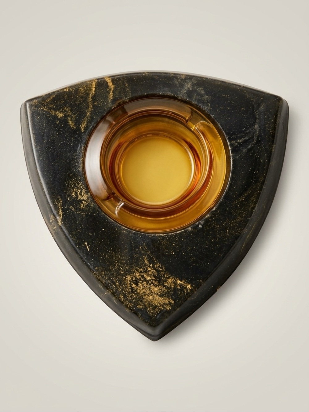 Black and Gold Triangular Marble Ashtray with Amber Glass Bowl